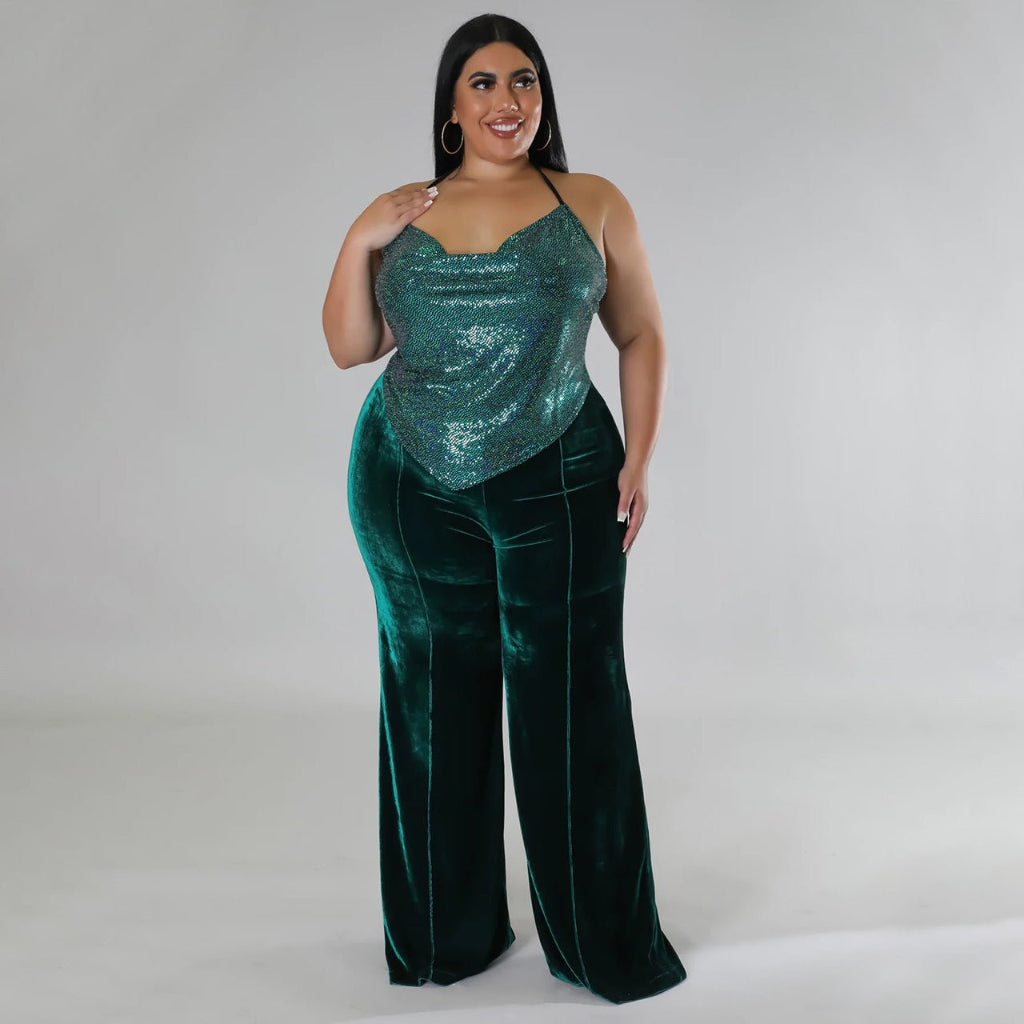 Women&#39;s High Waist Velvet Bootcut Trousers with Patchwork Design - CurveLoom