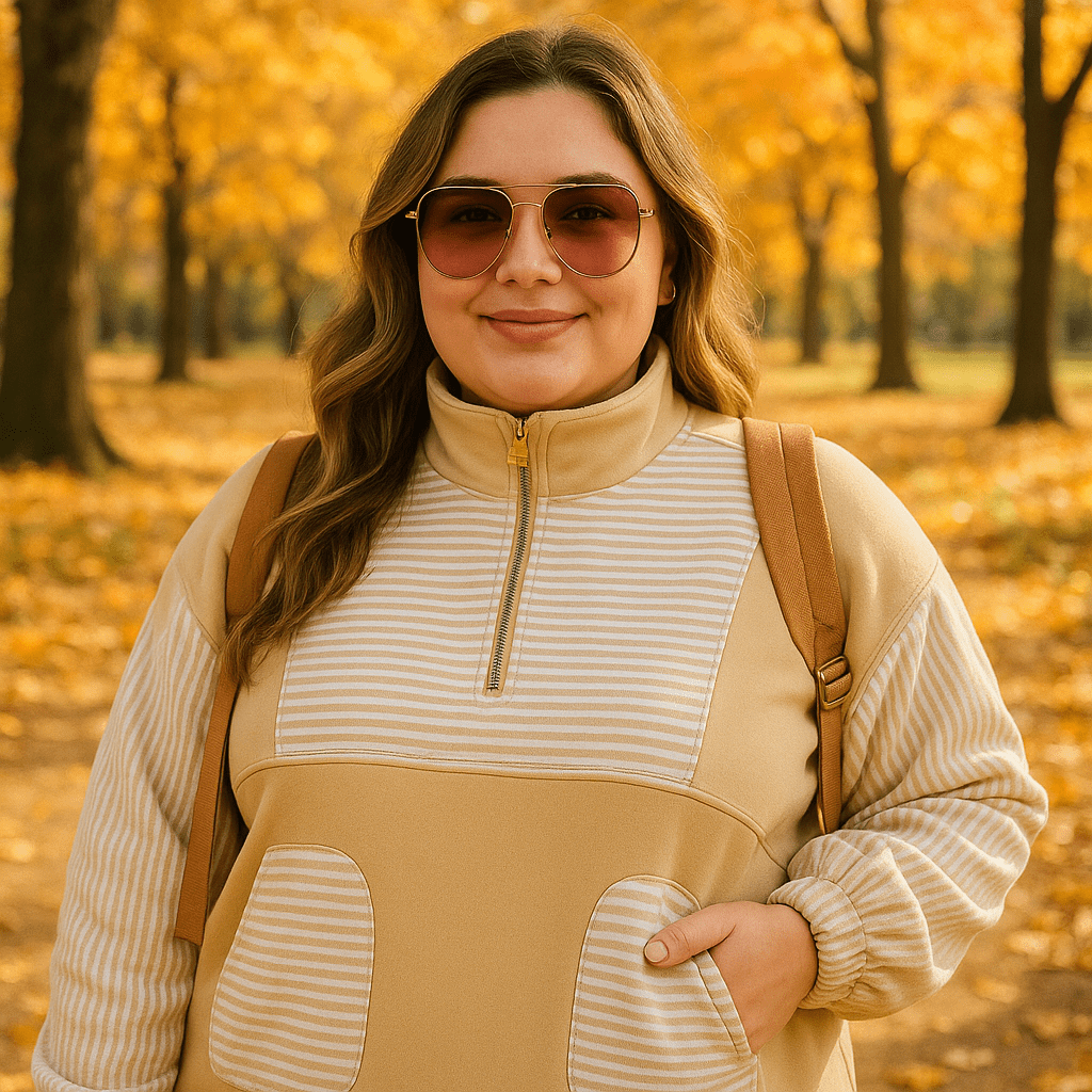 Women’s Plus Size Sweatshirt – Half Zip Striped Patchwork - CurveLoom