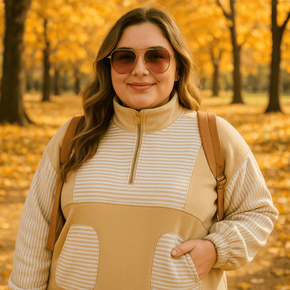 Women’s Plus Size Sweatshirt – Half Zip Striped Patchwork - CurveLoom