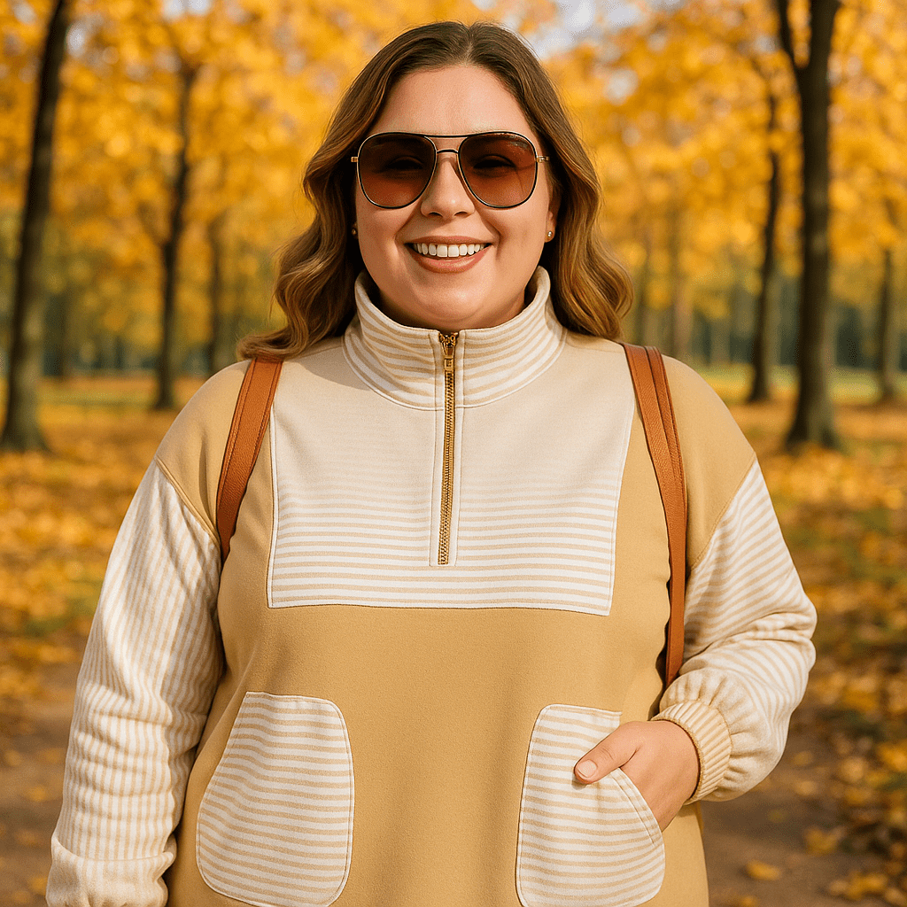 Women’s Plus Size Sweatshirt – Half Zip Striped Patchwork - CurveLoom