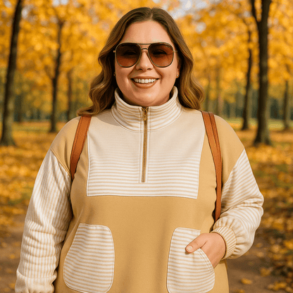 Women’s Plus Size Sweatshirt – Half Zip Striped Patchwork - CurveLoom