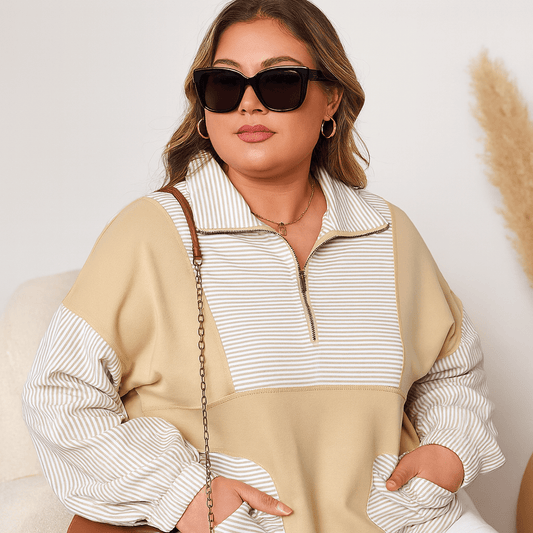 Women’s Plus Size Sweatshirt – Half Zip Striped Patchwork - CurveLoom