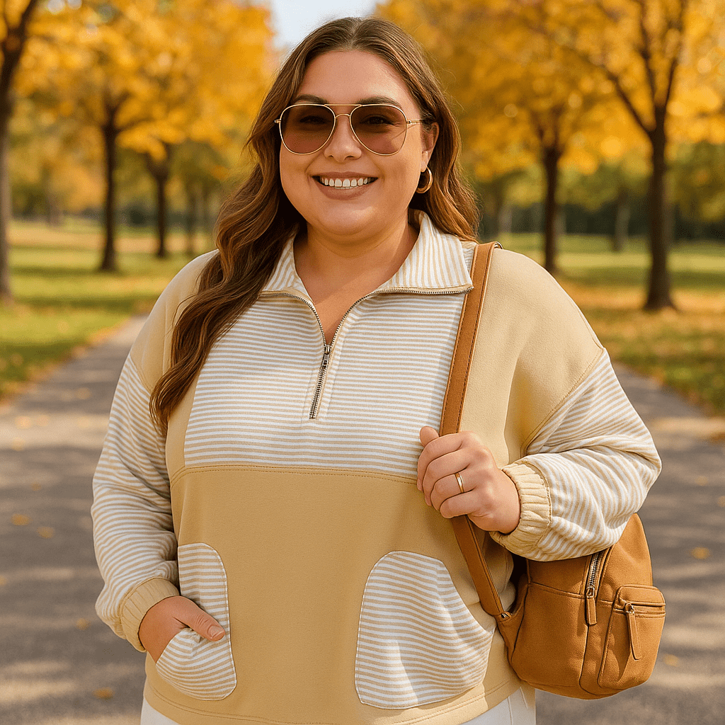 Women’s Plus Size Sweatshirt – Half Zip Striped Patchwork - CurveLoom