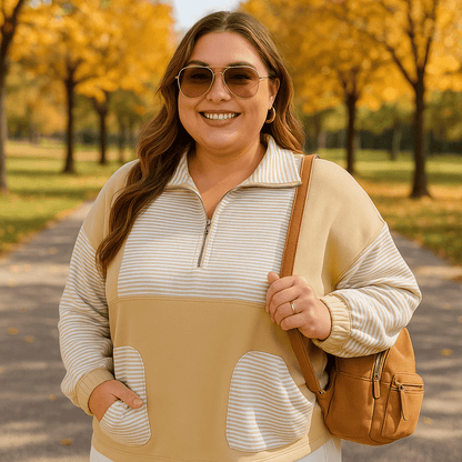 Women’s Plus Size Sweatshirt – Half Zip Striped Patchwork - CurveLoom