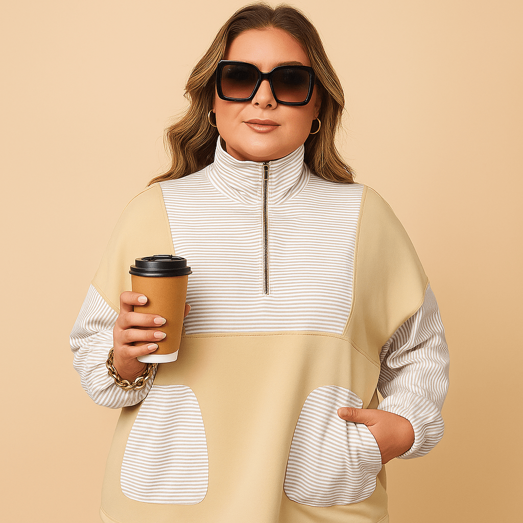 Women’s Plus Size Sweatshirt – Half Zip Striped Patchwork - CurveLoom